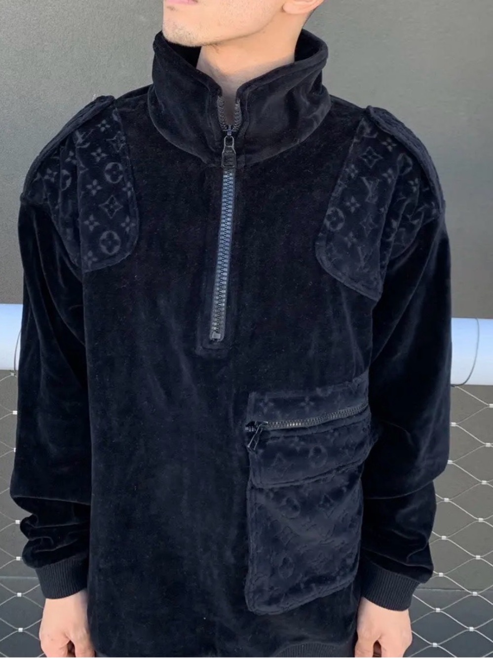Louis Vuitton Black Velvet Quarter-Zip Sweatshirt with Monogram Accents